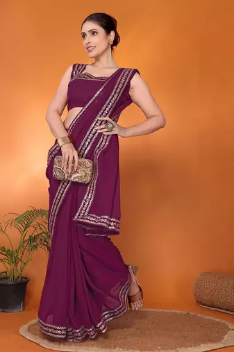 Purple embellished pure georgette bollywood saree with blouse piece