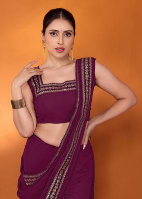 Purple embellished pure georgette bollywood saree with blouse piece 5