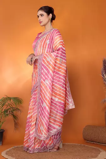 Pink embellished & embroidery tissue bollywood saree with blouse piece