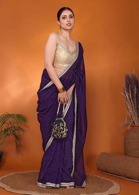 Purple embellished organza bollywood saree with blouse piece 4