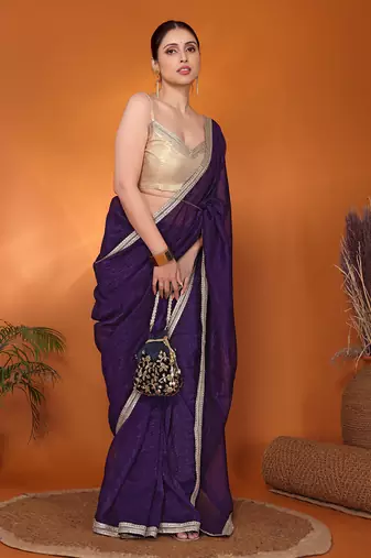 Purple embellished organza bollywood saree with blouse piece