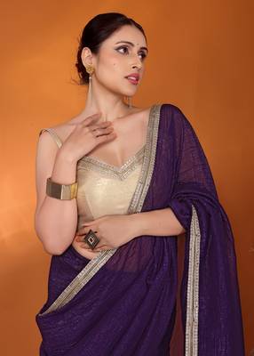 Purple embellished organza bollywood saree with blouse piece 5