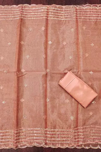 Peach organza sequins dress material with dupatta