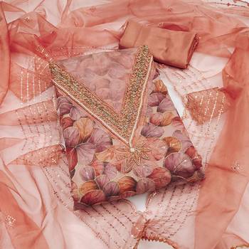 Peach organza sequins dress material with dupatta 4
