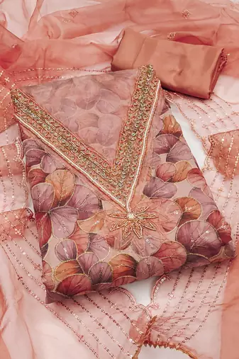 Peach organza sequins dress material with dupatta