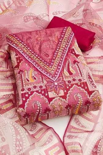 Red heavy organza sequins dress material with  dupatta
