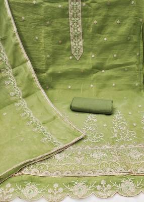 Green gold crush fabric embroidered dress material set 1