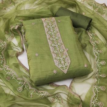 Green gold crush fabric embroidered dress material set 3