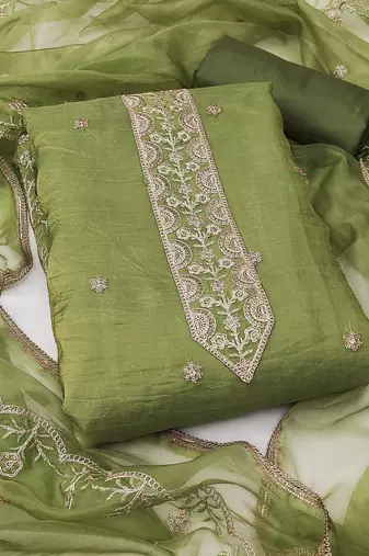 Green gold crush fabric embroidered dress material set