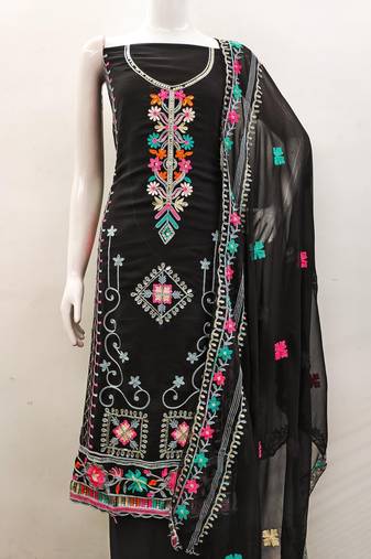 Black georgette embroidered dress material set with dupatta