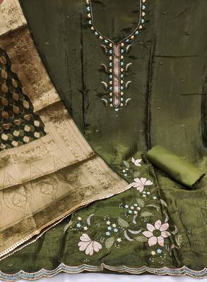 Olive gold crush fabric sequins dress material set 1