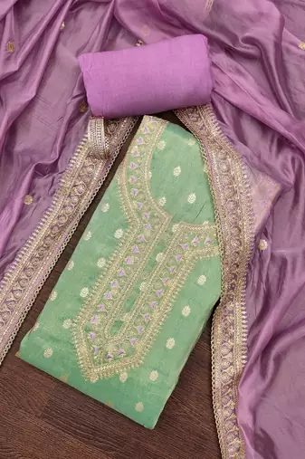 Green simmer silk woven dress material with dupatta