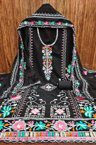Black georgette embroidered dress material set with dupatta