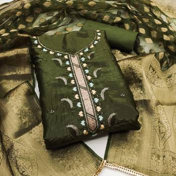 Olive gold crush fabric sequins dress material set 3