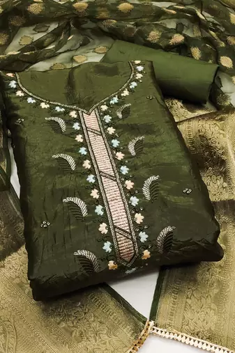Olive gold crush fabric sequins dress material set