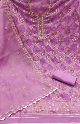 Purple viscose organza fabric handwork dress material set 1