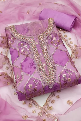 Purple viscose organza fabric handwork dress material set