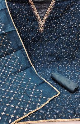 Navy blue viscose organza fabric sequins dress material set 1