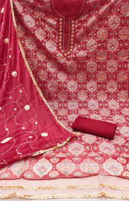 Red viscose organza fabric sequins dress material set 1