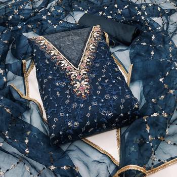 Navy blue viscose organza fabric sequins dress material set 3