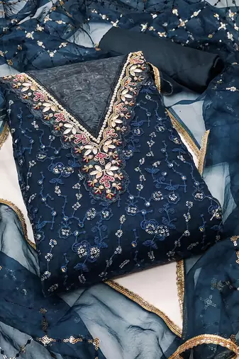 Navy blue viscose organza fabric sequins dress material set