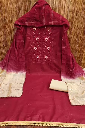 Magenta slub sequin dress material with dupatta