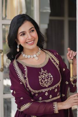 Wine designer readymade long kurti  with Embroidery Sequins-work 6