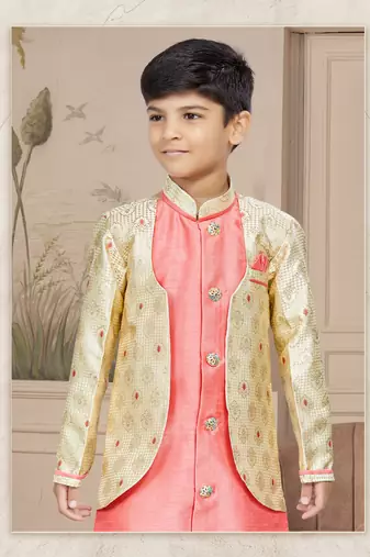 Gold ulfi zari jackard and silk thread work indo