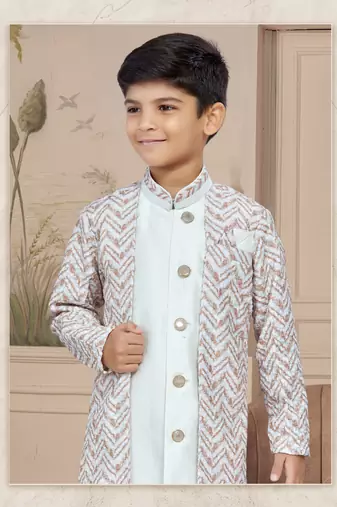 Off white havy classic indowestern sherwani with thread and less work with extra palla