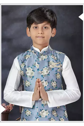 Off white  kid's jacket kurta pajama set