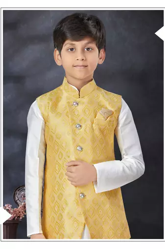 Off white  kid's jacket kurta pajama set