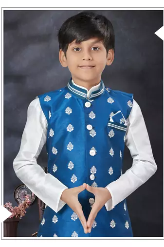 Off white  kid's jacket kurta pajama set