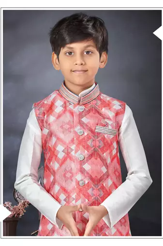 Off white  kid's jacket kurta pajama set