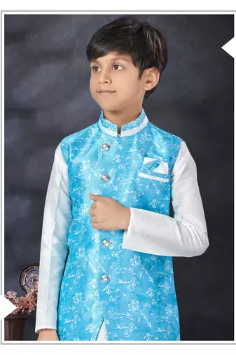 Off white  kid's jacket kurta pajama set