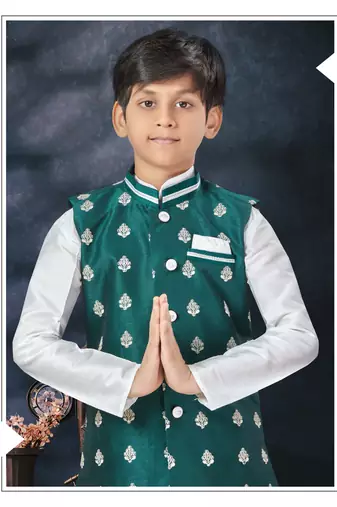 Off white  kid's jacket kurta pajama set