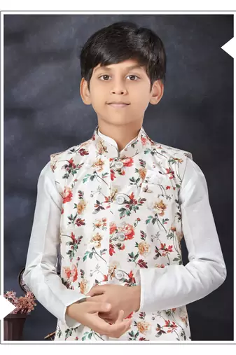 Off white  kid's jacket kurta pajama set