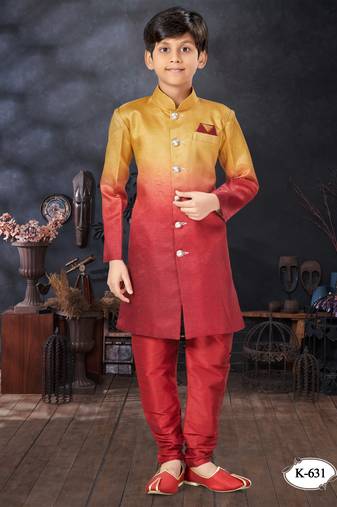 Maroon double sheded printed indowestern with fancy botton