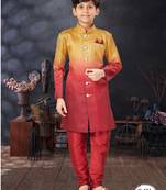 Maroon double sheded printed indowestern with fancy botton