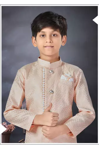Off white jackard indowestern with thread work & potali fancy botton