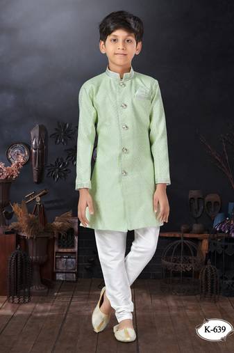Off white jackard indowestern with thred work & fancy botton