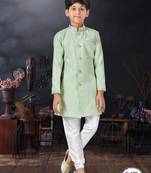 Off white jackard indowestern with thread work & fancy botton