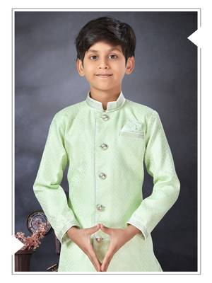 Off white jackard indowestern with thread work & fancy botton 2