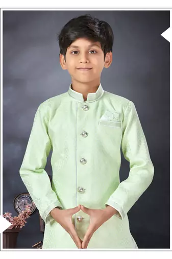 Off white jackard indowestern with thread work & fancy botton