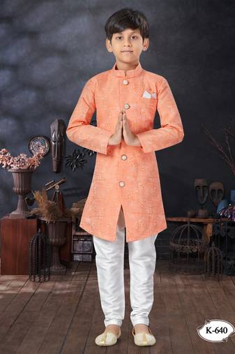 Off white jackard indowestern with thred work & fancy botton