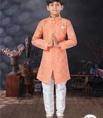 Off white jackard indowestern with thread work & fancy botton