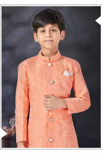 Off white jackard indowestern with thread work & fancy botton