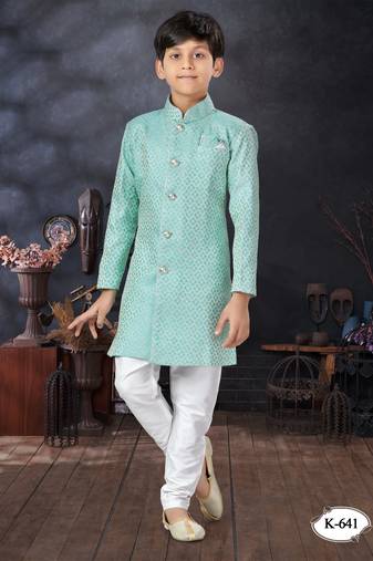 Off white jackard indowestern with thred work & fancy botton