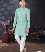 Off white jackard indowestern with thread work & fancy botton
