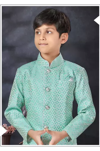 Off white jackard indowestern with thread work & fancy botton