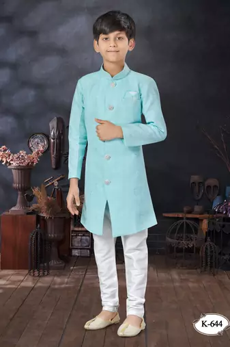 Off white jackard indowestern with thread work & fancy botton